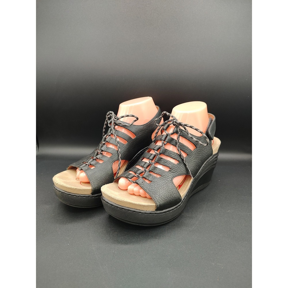 Bionica Black Leather Lace Up Wedge Sandals Womens 10 M 4552201 Platform Cutout